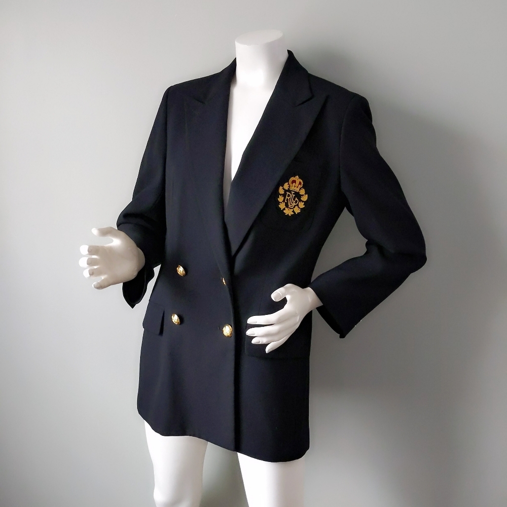 Vtg Ralph Lauren Black Gold Crest Bullion Blazer 8
